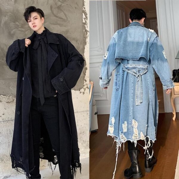 korean Fashion Mens Black Jeans Jacket Long Denim Jacket Denim Trench Coat