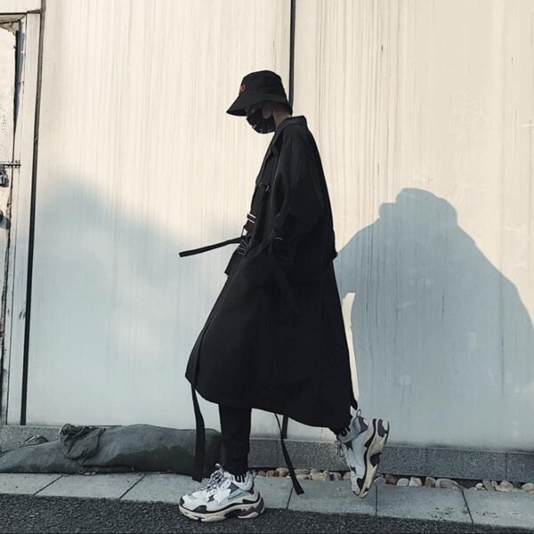 Japanese Streetwear Black Trench Coat Hooded Trench Coat Long Windbreaker