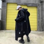 Hip Hop Fashion Long Denim Windbreaker Black Jean Jacket With Hoodie