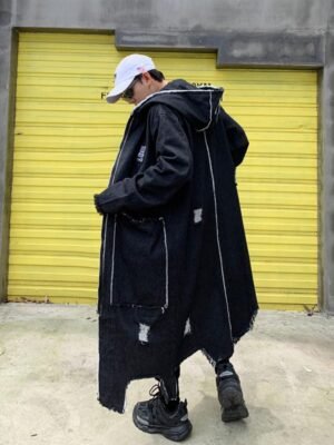 Hip Hop Fashion Long Denim Windbreaker Black Jean Jacket With Hoodie