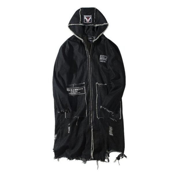 Hip Hop Fashion Long Denim Windbreaker Black Jean Jacket With Hoodie