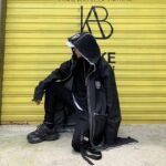 Hip Hop Fashion Long Denim Windbreaker Black Jean Jacket With Hoodie