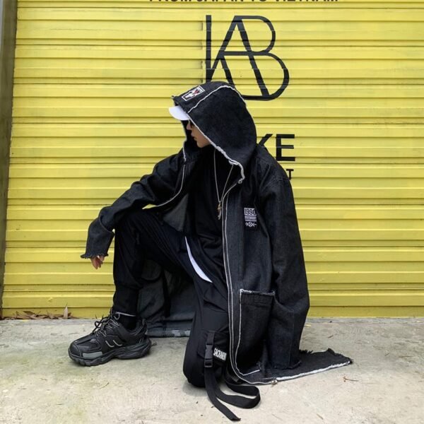 Hip Hop Fashion Long Denim Windbreaker Black Jean Jacket With Hoodie