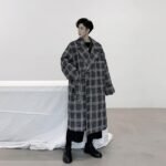 Loose Plaid Woollen Coat with Slant Collar Tie Overcoat