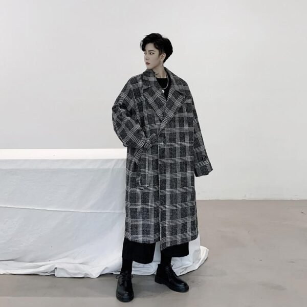 Loose Plaid Woollen Coat with Slant Collar Tie Overcoat