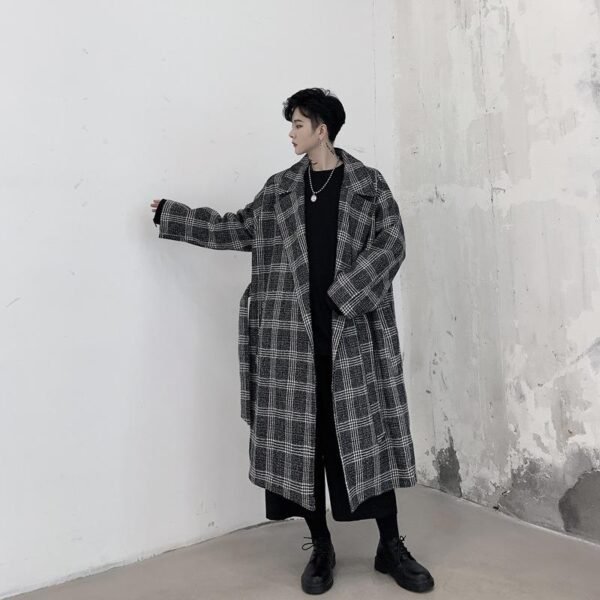 Loose Plaid Woollen Coat with Slant Collar Tie Overcoat
