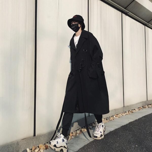 Japanese Streetwear Black Trench Coat Hooded Trench Coat Long Windbreaker