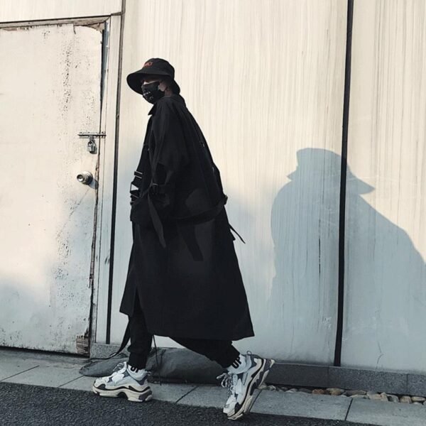 Japanese Streetwear Black Trench Coat Hooded Trench Coat Long Windbreaker