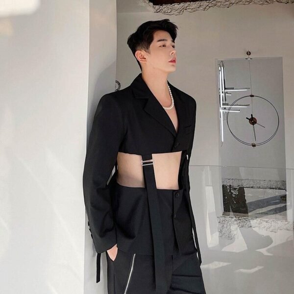 Men's Suit Coat Blazers Hollow Removable Hem Japan Korean Style Vintage Streetwear Fashion Suit Jacket Male Stage Clothing