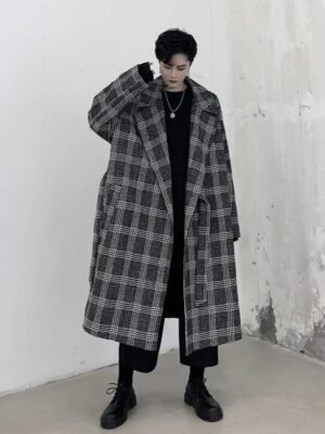 Loose Plaid Woollen Coat with Slant Collar Tie Overcoat