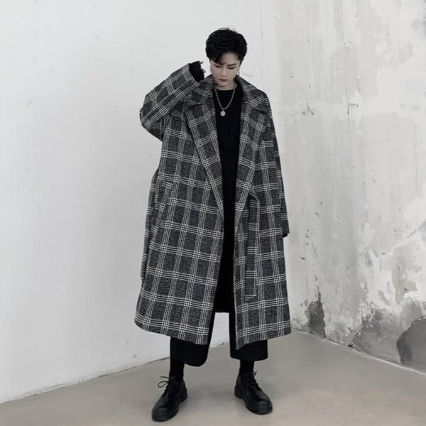 Loose Plaid Woollen Coat with Slant Collar Tie Overcoat