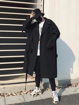 Japanese Streetwear Black Trench Coat Hooded Trench Coat Long Windbreaker