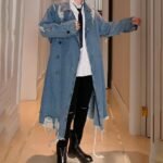 korean Fashion Mens Black Jeans Jacket Long Denim Jacket Denim Trench Coat