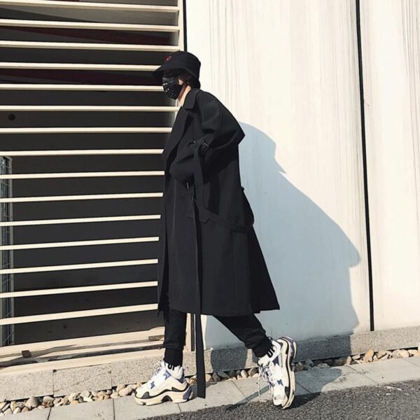 Japanese Streetwear Black Trench Coat Hooded Trench Coat Long Windbreaker