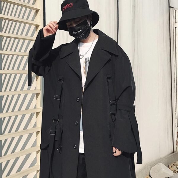 Japanese Streetwear Black Trench Coat Hooded Trench Coat Long Windbreaker