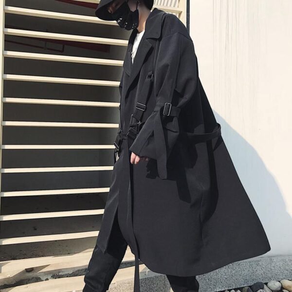 Japanese Streetwear Black Trench Coat Hooded Trench Coat Long Windbreaker