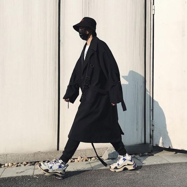 Japanese Streetwear Black Trench Coat Hooded Trench Coat Long Windbreaker