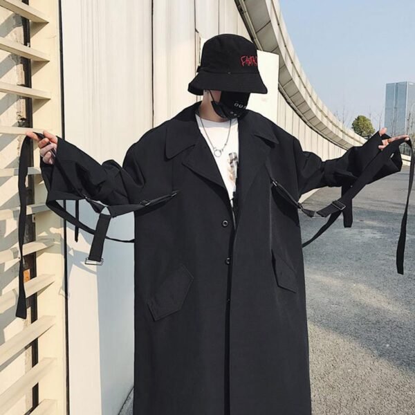 Japanese Streetwear Black Trench Coat Hooded Trench Coat Long Windbreaker
