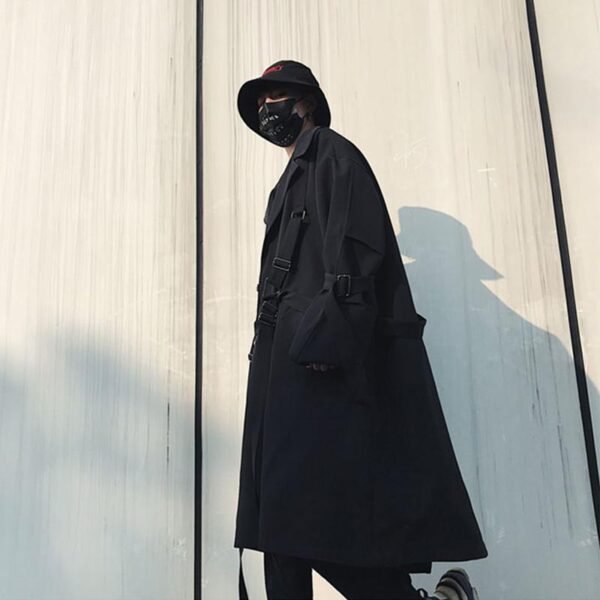 Japanese Streetwear Black Trench Coat Hooded Trench Coat Long Windbreaker