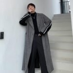 Korean Fashion Two-color Stitching Color Plaid Trench Coat Flannel Coat