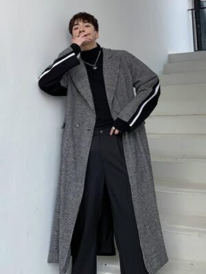 Korean Fashion Two-color Stitching Color Plaid Trench Coat Flannel Coat