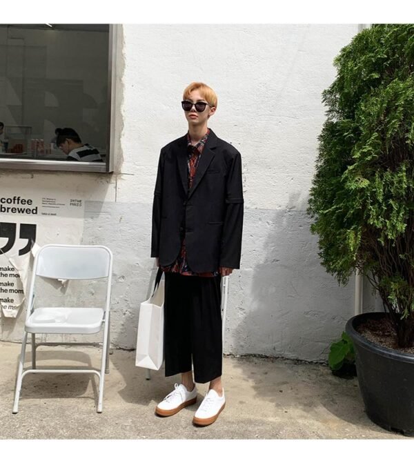 Mem Removable Sleeve 2 Pieces Suits Sets Jacket Pant Male Streetwear Japan Korea Style Loose Casual Suit Blazer Coat Trouser