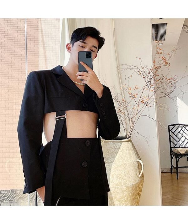 Men's Suit Coat Blazers Hollow Removable Hem Japan Korean Style Vintage Streetwear Fashion Suit Jacket Male Stage Clothing