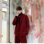 Men 2PCS Suit Set Jacket+pants Male Vintage Red Streetwear Hip Hop Casual Ribbon Blazer Coat Straight Trouser Stage Show Clothes