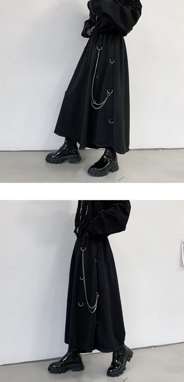 Men Metal Chain Causal Loose Casual Wide Leg Pant Male Japan Style Streetwear Gothic Punk Kimono Skirt Pants