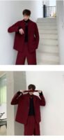 Men 2PCS Suit Set Jacket+pants Male Vintage Red Streetwear Hip Hop Casual Ribbon Blazer Coat Straight Trouser Stage Show Clothes