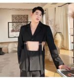 Men's Suit Coat Blazers Hollow Removable Hem Japan Korean Style Vintage Streetwear Fashion Suit Jacket Male Stage Clothing