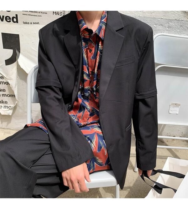 Mem Removable Sleeve 2 Pieces Suits Sets Jacket Pant Male Streetwear Japan Korea Style Loose Casual Suit Blazer Coat Trouser