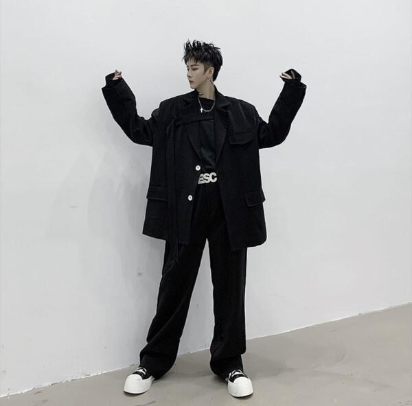 Men 2PCS Suits Sets Jacket+pant Male Japan Streetstyle Retro Fashion Casual Ribbon Blazer Coat Straight Trouser