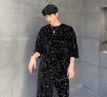 Men Summer Sets (tshirt+shorts) Velour Drill Bling Casual Male Streetwear Hip Hop Punk Short Sleeve T Shirt Tops Tees Shirts
