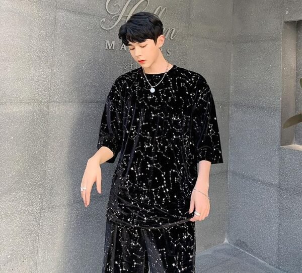 Men Summer Sets (tshirt+shorts) Velour Drill Bling Casual Male Streetwear Hip Hop Punk Short Sleeve T Shirt Tops Tees Shirts