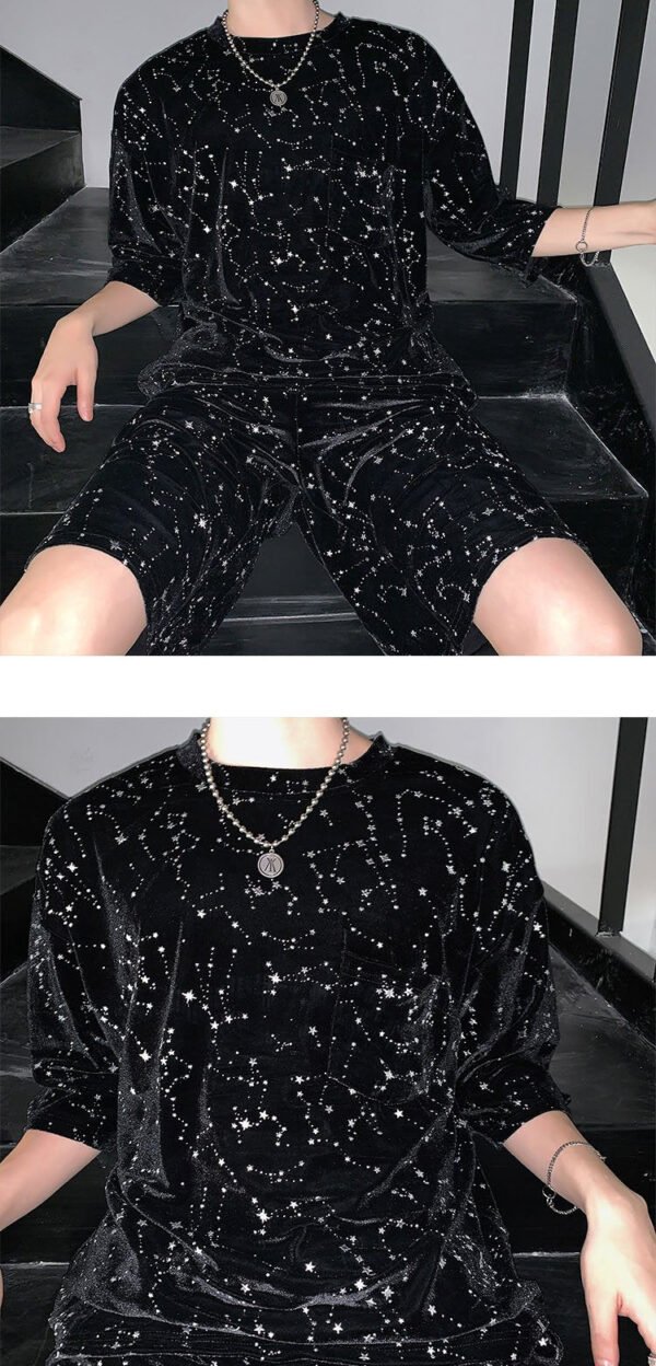 Men Summer Sets (tshirt+shorts) Velour Drill Bling Casual Male Streetwear Hip Hop Punk Short Sleeve T Shirt Tops Tees Shirts