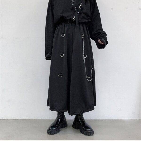 Men Metal Chain Causal Loose Casual Wide Leg Pant Male Japan Style Streetwear Gothic Punk Kimono Skirt Pants