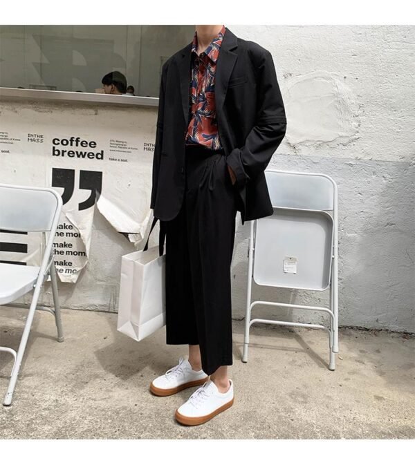 Mem Removable Sleeve 2 Pieces Suits Sets Jacket Pant Male Streetwear Japan Korea Style Loose Casual Suit Blazer Coat Trouser