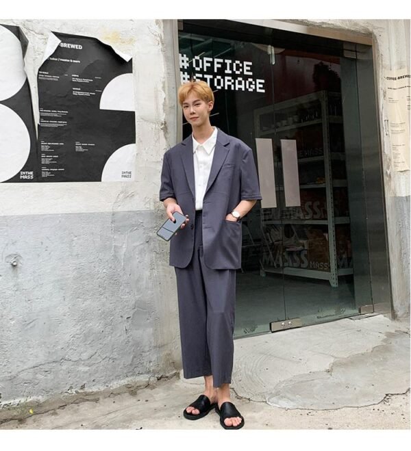 Mem Removable Sleeve 2 Pieces Suits Sets Jacket Pant Male Streetwear Japan Korea Style Loose Casual Suit Blazer Coat Trouser
