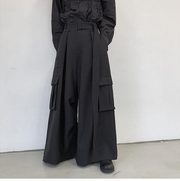 Men Japan Loose Casual Wide Leg Cargo Pants Male Streetwear Hip Hop Punk Gothic Harem Belt Trousers Kimono Straight Skirt Pants