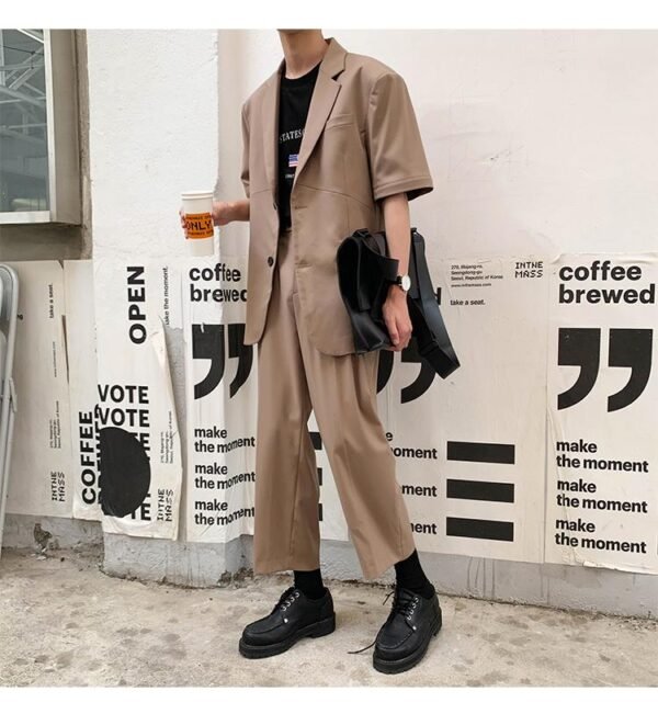 Mem Removable Sleeve 2 Pieces Suits Sets Jacket Pant Male Streetwear Japan Korea Style Loose Casual Suit Blazer Coat Trouser
