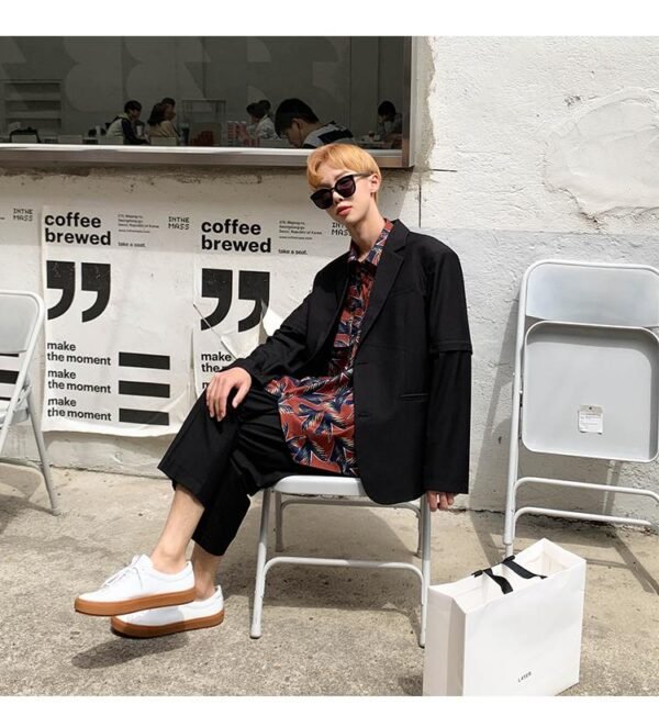 Mem Removable Sleeve 2 Pieces Suits Sets Jacket Pant Male Streetwear Japan Korea Style Loose Casual Suit Blazer Coat Trouser