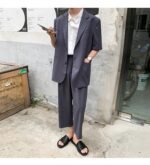 Mem Removable Sleeve 2 Pieces Suits Sets Jacket Pant Male Streetwear Japan Korea Style Loose Casual Suit Blazer Coat Trouser