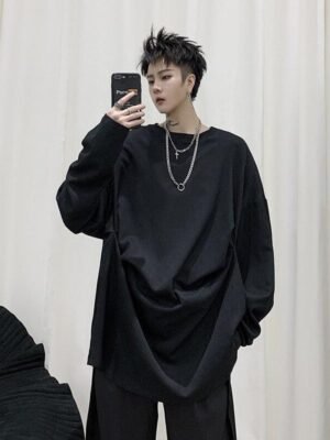 Men's Long-sleeved Pleated Casual Loose T-shirt