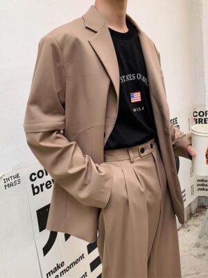 Mem Removable Sleeve 2 Pieces Suits Sets Jacket Pant Male Streetwear Japan Korea Style Loose Casual Suit Blazer Coat Trouser