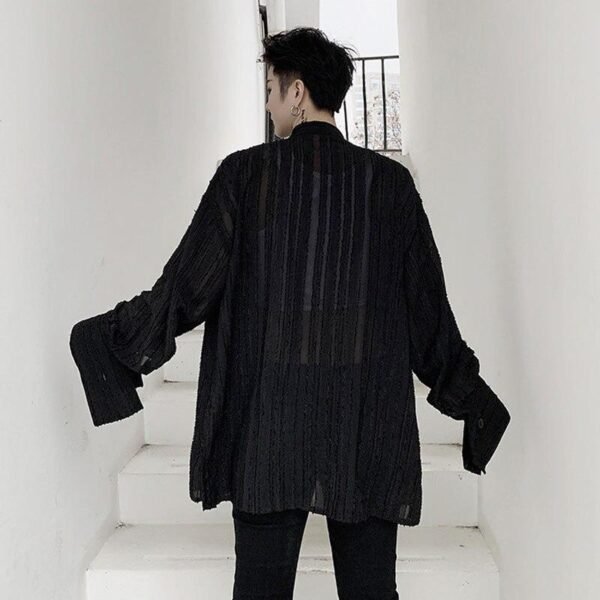 Japanese Streetwear Mens See Through shirt Loose Long Sleeve Shirts