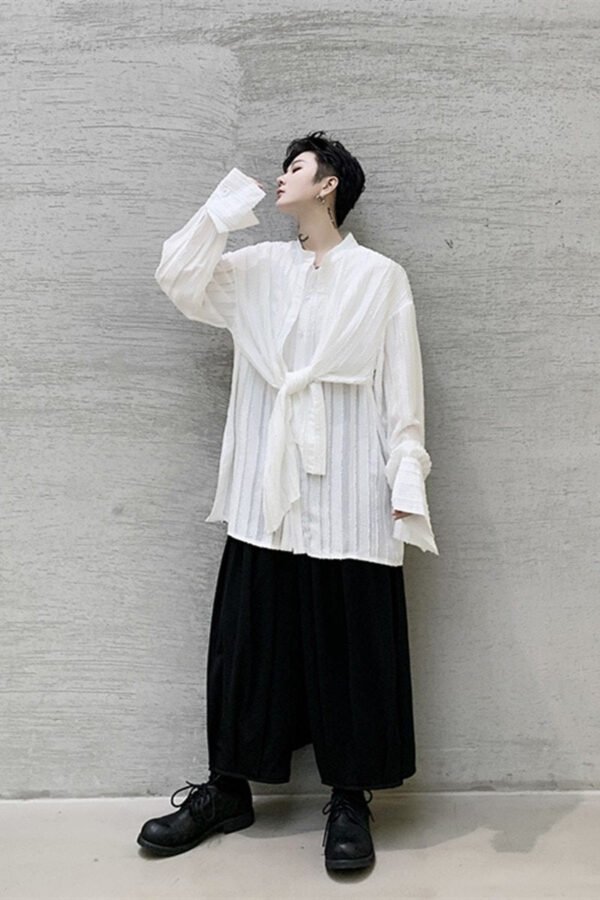 Japanese Streetwear Mens See Through shirt Loose Long Sleeve Shirts
