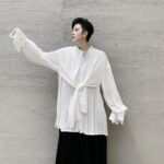 Japanese Streetwear Mens See Through shirt Loose Long Sleeve Shirts