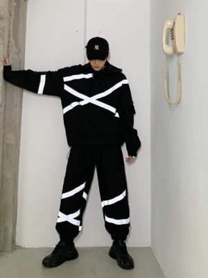 Hip Hop Reflective Stripe Hooded Pullover Jacket Fluorescent Sports Suit