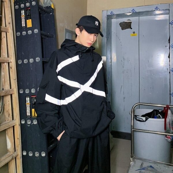 Hip Hop Reflective Stripe Hooded Pullover Jacket Fluorescent Sports Suit